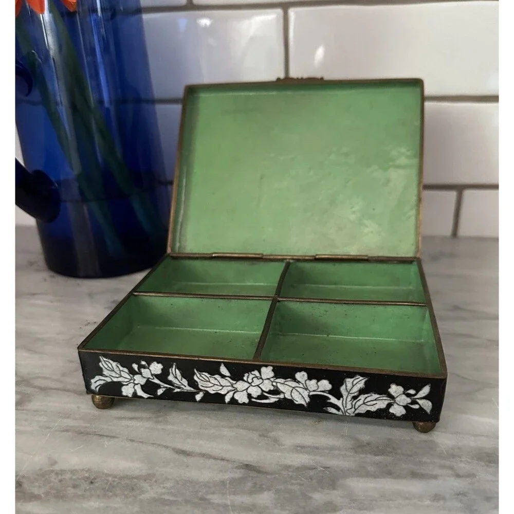 Early 20th Century Chinese Floral Cloisonné Cloisonne Black Box Brass Enamel